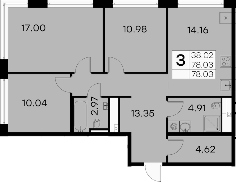 3-комнатная квартира 78.03 м², 2/19 эт., ЖК «GloraX Aura Vasileostrovsky»
